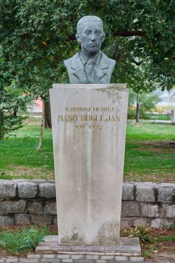 Kotor. Karadağ - 06 Şubat 2026: Yugoslav ulusal kahramanı Maso Brguljan 'ın halk parkındaki taş büstü, 2. Dünya Savaşı direnişi, tarihi, hatırası ve kültür mirasını onurlandıran anıt heykeli.