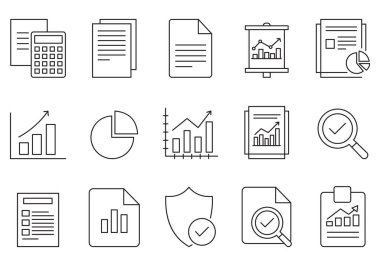 İş Denetim Simgesi Ayarlandı. Mali İnceleme, Uyum, Analiz, Uyum, Uyum, Sembol Vektör Şablonu
