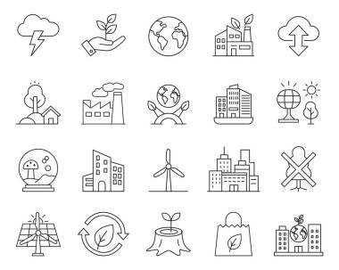 Çevre ve ekoloji ikonu seti. Sürdürülebilirlik, Geri Dönüşüm, Yeşil Enerji, İklim Değişikliği, Koruma, Yenilenebilir Enerji Sembolü