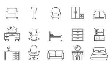 Mobilya Simgesi Ayarlandı. İç Tasarım ve Ev Dekorasyonu Sembolü