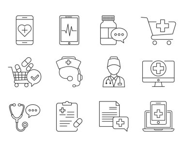Çevrimiçi tıp ikonu tasarımı. Araştırma, Tedavi, Kardiyoloji, Hasta, Çevrimiçi Doktor ve daha fazla sembol vektörü