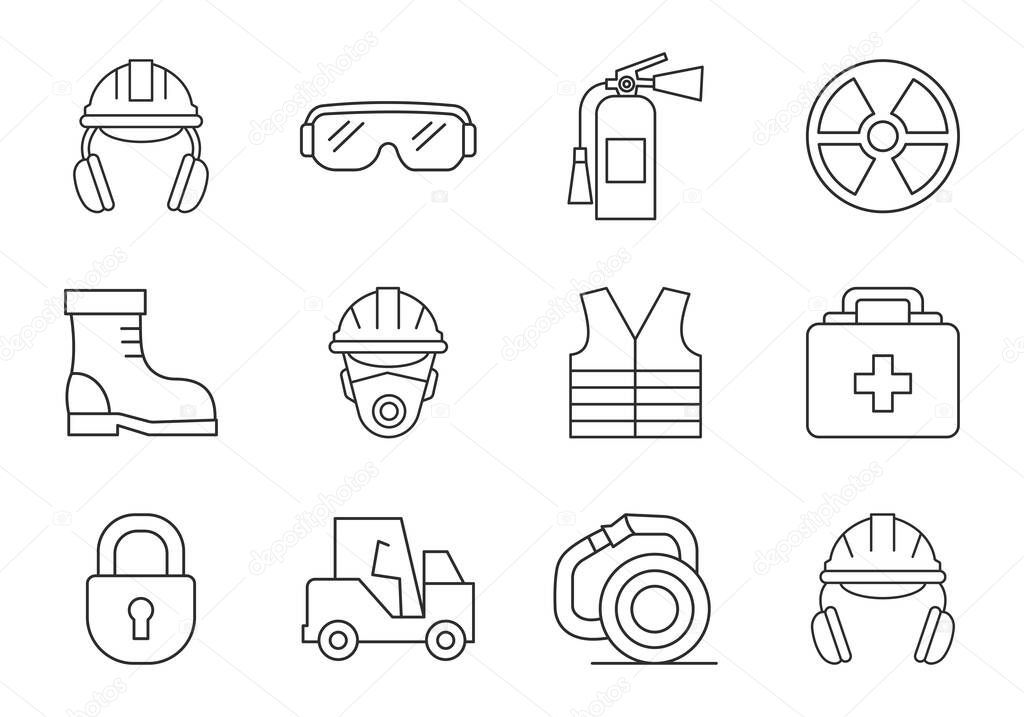 Work Safety Icon Set. Industrial Security, Protective Equipment Symbol Design
