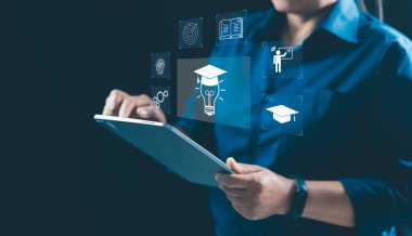 Concept of online education and digital learning is illustrated by hand using laptop, surrounded by icons such diploma, brain, target-symbolizing ideal e-learning platforms on education, development