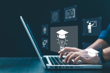 Concept of online education and digital learning is illustrated by hand using laptop, surrounded by icons such diploma, brain, target-symbolizing ideal e-learning platforms on education, development