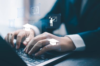 Concept of online education, training digital courses, e-learning platforms on internet supports personal development, helps gain professional qualifications, enables learners to develop new skills.