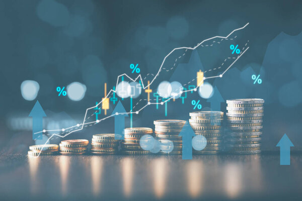 Concept of business finance investment is reflected in world of capital gain, stacks of coins, cash, currency represent economic growth, illustrated through financial graphs, charts, market reports.