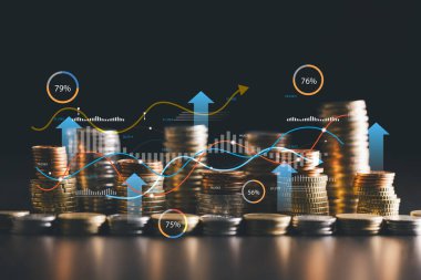 Yükselen bir grafik ve grafiğin yanındaki altın para yığını iş büyümesini, piyasa başarısını ve stratejik pazarlama, finans ve para yönetimi tarafından yürütülen kârlı yatırımı sembolize eder..