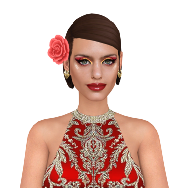 Kısa kahverengi kısa saçlı güzel bir kadın seksi kırmızı bir parti elbisesi ve saçında bir çiçek, izole edilmiş bir portre resmi var.