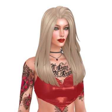 Dövmeleri olan, seksi, kırmızı bluzlu, uzun sarı saçlı, izole edilmiş bir portre çizimi olan sarışın güzel bir kadın.