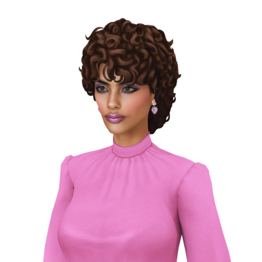 Güzel, genç, kıvırcık saçlı, iş elbisesi tarzı bluzu olan, 80 'lerin modası geçmiş, izole edilmiş portresi olan bir kadın.