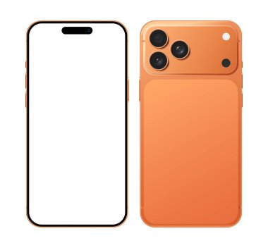 Realistic orange frame mobile phone mockup template in front and back side. Modern smartphone device with blank display vector illustration