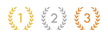 Altın, gümüş ve bronz madalya çerçeveleri, beyaz arka planda defne çelengi simgeleri. Vektör illüstrasyonu