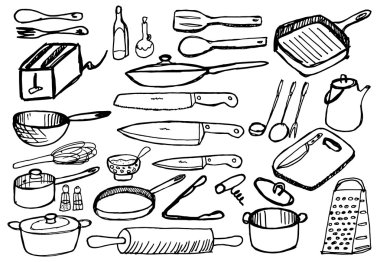 beyaz zemin üzerinde mutfak eşyaları.