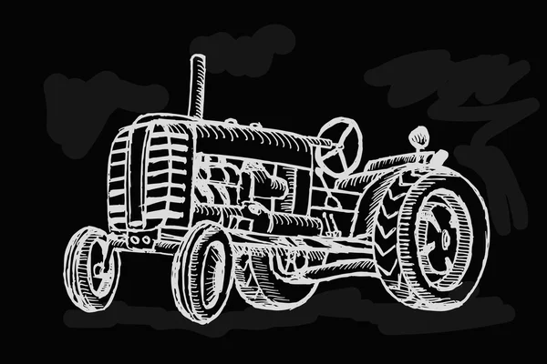 Tracteur rétro dessiné à la main sur fond noir . — Image vectorielle