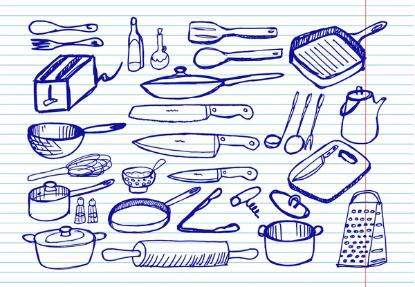 Utensili da cucina Sketchy su sfondo copybook . — Vettoriale Stock