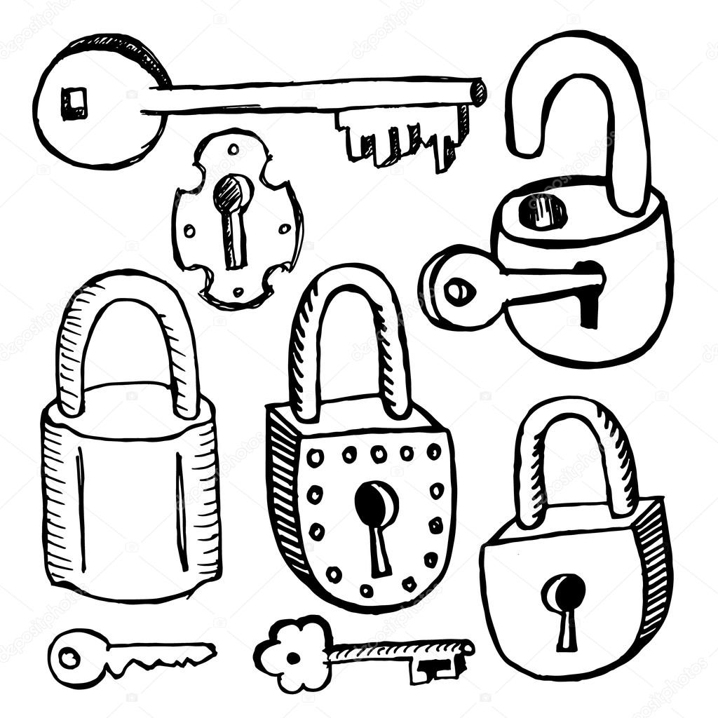 Old locks and keys on white background.
