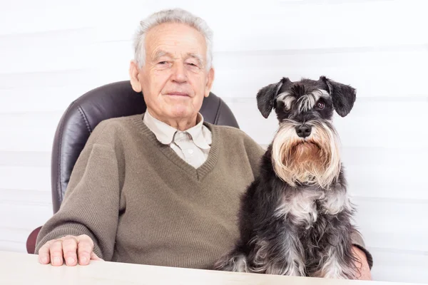 Vieil homme avec chien miniature noir Schnauzer — Photo