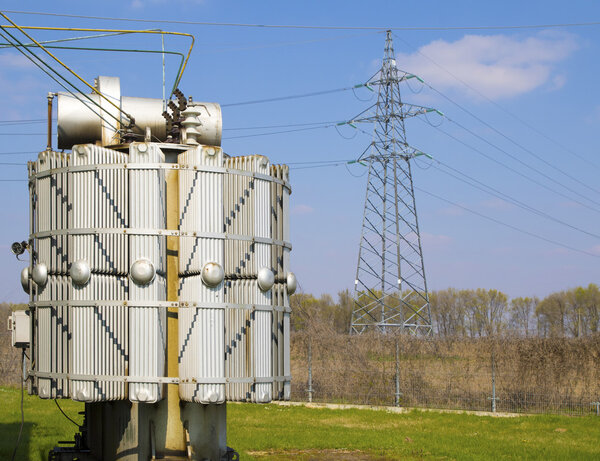 High voltage transformers in electrical substation