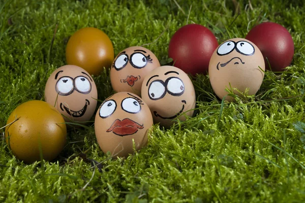 Cinco caras de huevos de Pascua sobre hierba verde — Foto de Stock