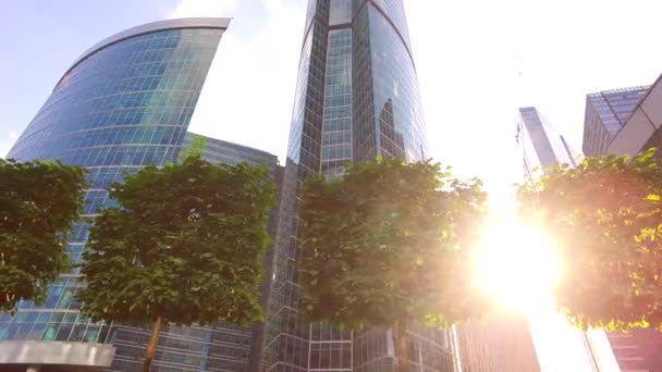 Moviéndose a lo largo de los árboles recortados con rascacielos en el fondo con rayos de sol (steadicam shot ) — Vídeos de Stock