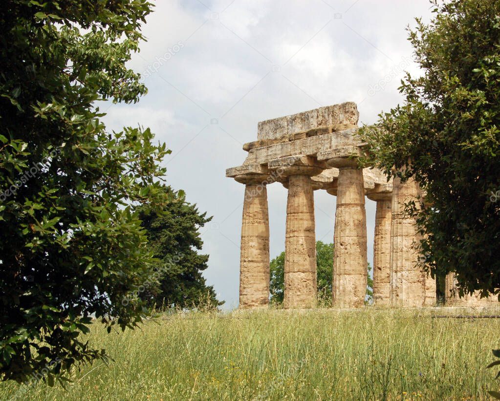 Ruins of the ancient Greek agora at Paestum in Campania, Italy