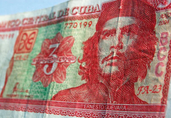 Tre Pesos Sedel Från Kuba Som Visar Revolutionshjälten Che Guevara — Stockfoto