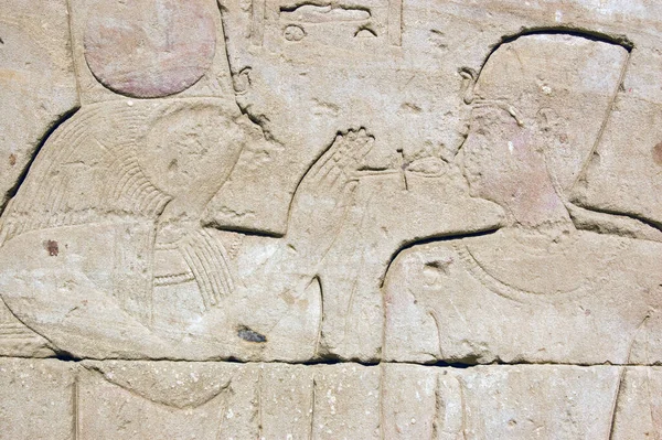 鷹は古代エジプトのファラオの顔に神聖な足首を持って神を導いた エジプト エドフのホルス神殿 — ストック写真