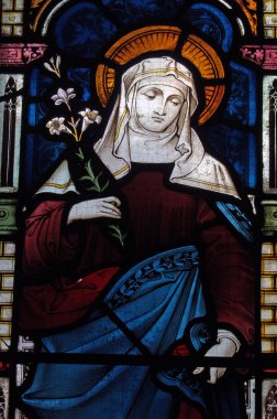 Bakire Meryem 'in zambak tuttuğunu gösteren cam bir pencere. Pencere 19. yüzyılın ortalarında Victorian Times 'da yaratıldı. St. Mary Kilisesi, Tyneham, Dorset 'te halka açık bir sergide..