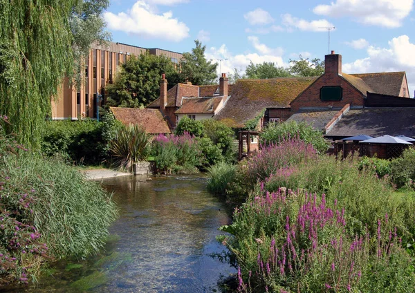 Andover, Hampshire 'ın ortasındaki Anton Nehri boyunca nehir kıyısındaki Town Mills' e bakın. Eskiden bir su değirmeni, şimdi bir bar ve restoran..  