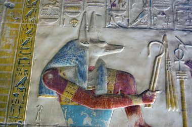 Antik Mısır tanrısı Anubis 'in boyanmış hiyeroglif oymasının yakın çekimi. Çakalın başıyla birlikte anılan Anubis mumyalama tanrısı ve mezarlıkların koruyucusudur. Mısır 'ın Abydos kentindeki Osiris tapınağında oyma ile süslenmiş..