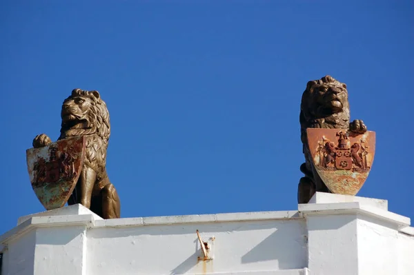 Sochy Lvů Štíty Erbem Města Southampton Střeše Budovy Královského Mola — Stock fotografie