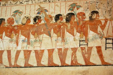 Ancient Egyptian mural showing men taking part in a funeral procession on the wall of the tomb of the  ancient Egyptian Vizier Ramose in the Sheikh Abd el-Qurna, part of the Theban Necropolis, on the west bank of the Nile, opposite to Luxor.  Ancient clipart
