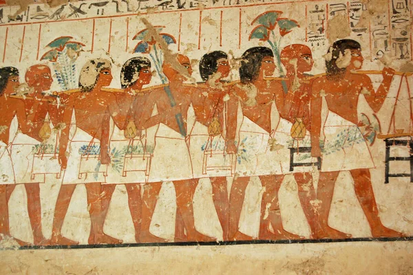 Starověké Egyptské Nástěnné Malby Zobrazující Muže Účastnící Pohřebního Průvodu Zdi Stock Obrázky