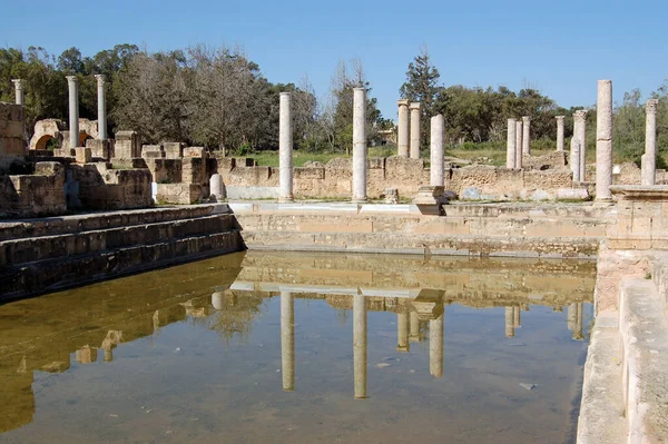 Pilares Edifícios Arruinados Antiga Cidade Romana Leptis Magna Norte Líbia — Fotografia de Stock