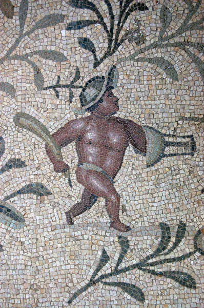 Antico Mosaico Romano Raffigurante Gladiatore Nudo Che Battaglia Portando Bastone — Foto Stock