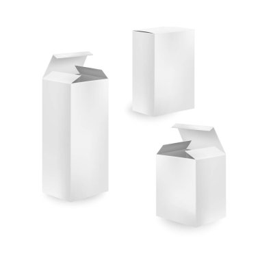 Yüksek beyaz karton kutu modeli. Gerçekçi dikey uzun karton dikdörtgen ya da tıbbi ambalaj seti, karton kutular.