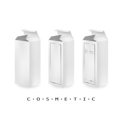 Yüksek beyaz karton kutu modeli. Gerçekçi dikey uzun karton dikdörtgen ya da tıbbi ambalaj seti, karton kutular.