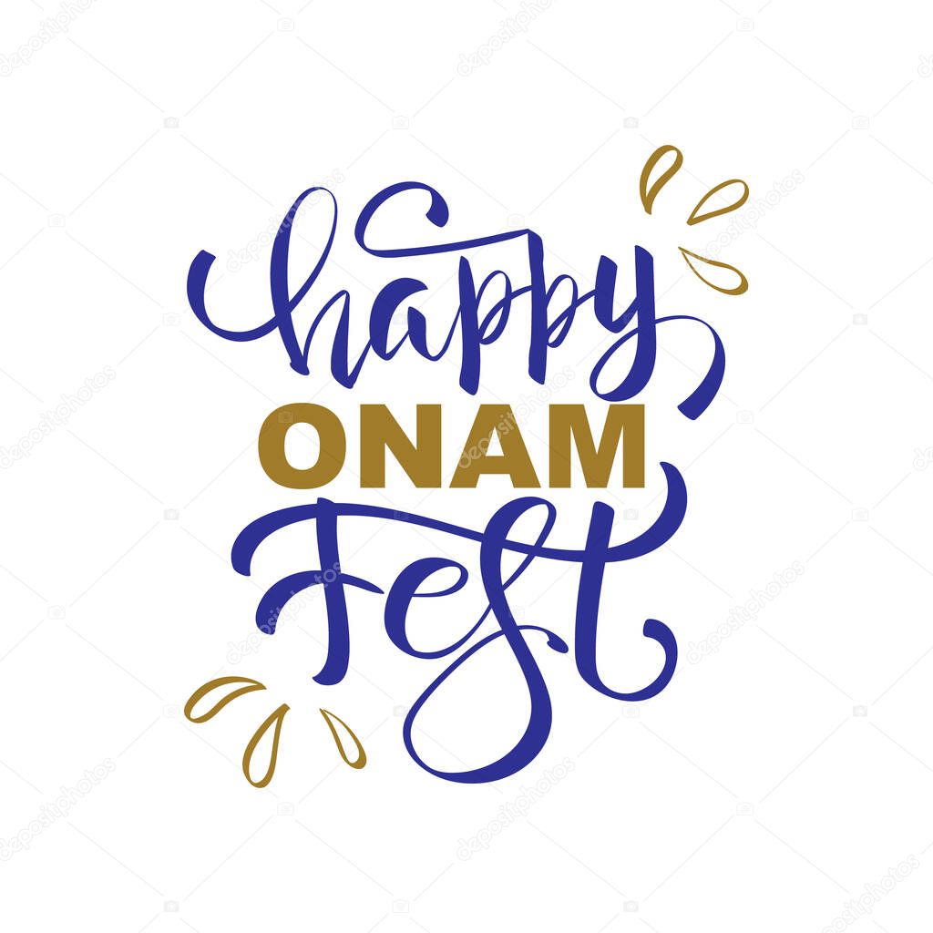 Happy Onam festival hand drawn greeting lettering. Indian holiday. Modern brush ink calligraphy isolated on white background.