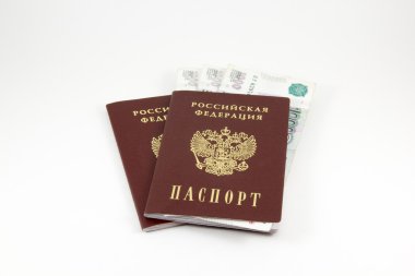 Beyaz bir arka plan üzerinde para ile Rus pasaportu