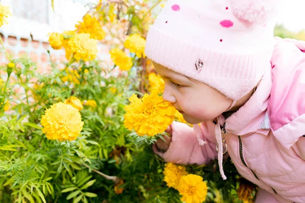 Gyerek Sárga Virágot Szimatol Virágillat — Stock Fotó
