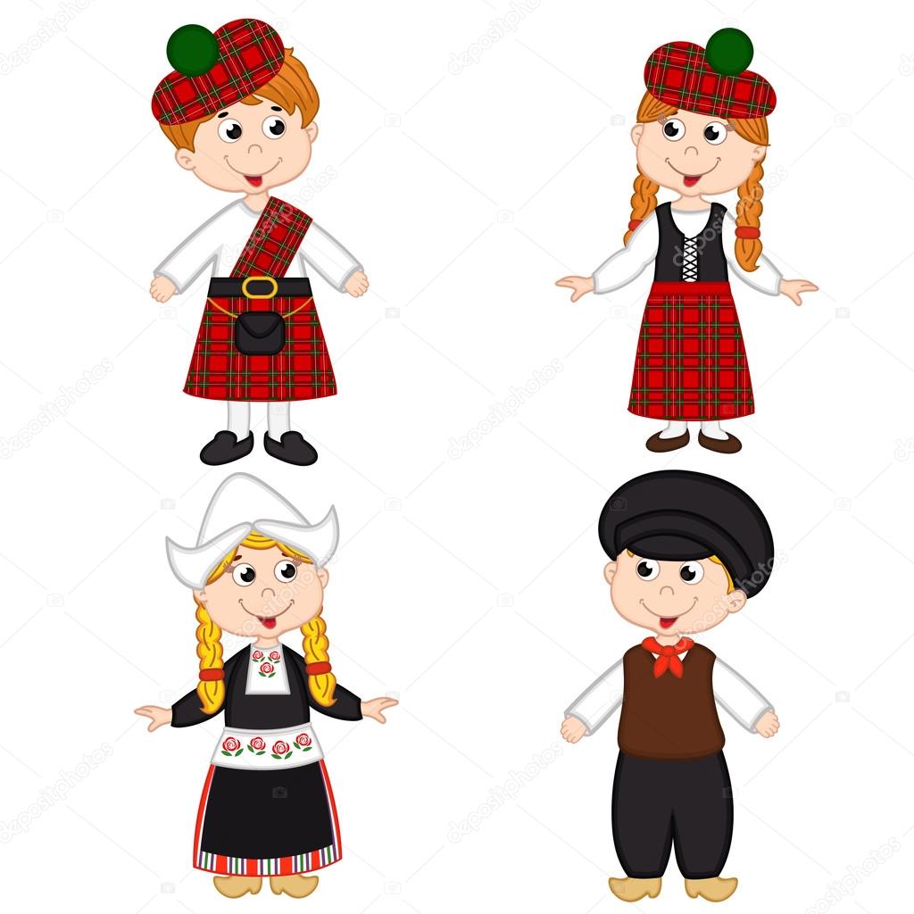 set of isolated children of Scotland and Netherlands nationalities - vector illustration, eps