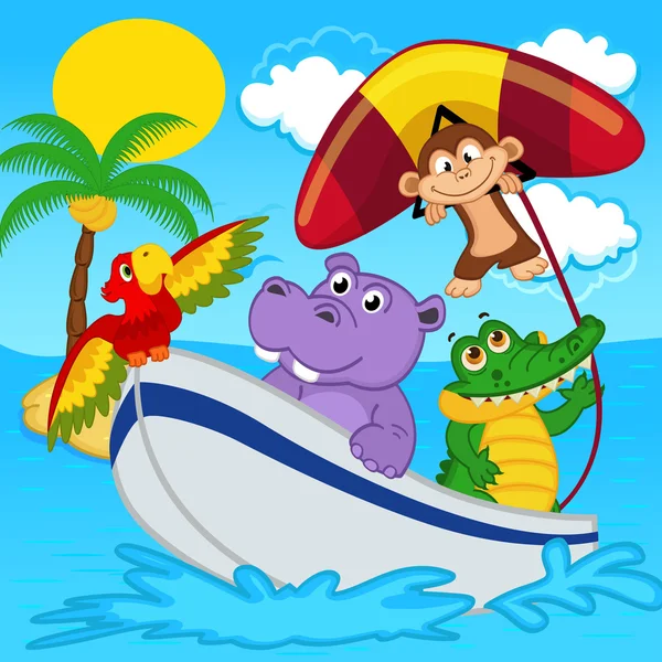 Dieren op boot rijden met de aap op hangen-zweefvliegtuig — Stockvector