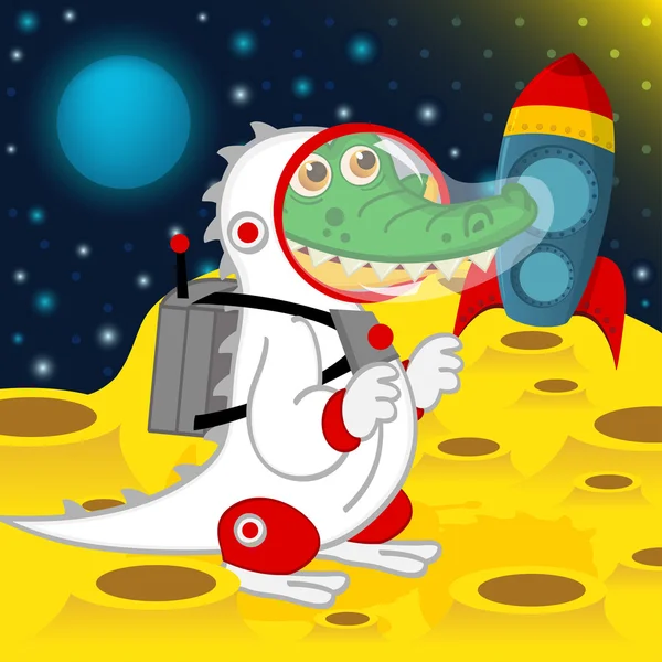 Krokodil űrhajós Hold — Stock Vector