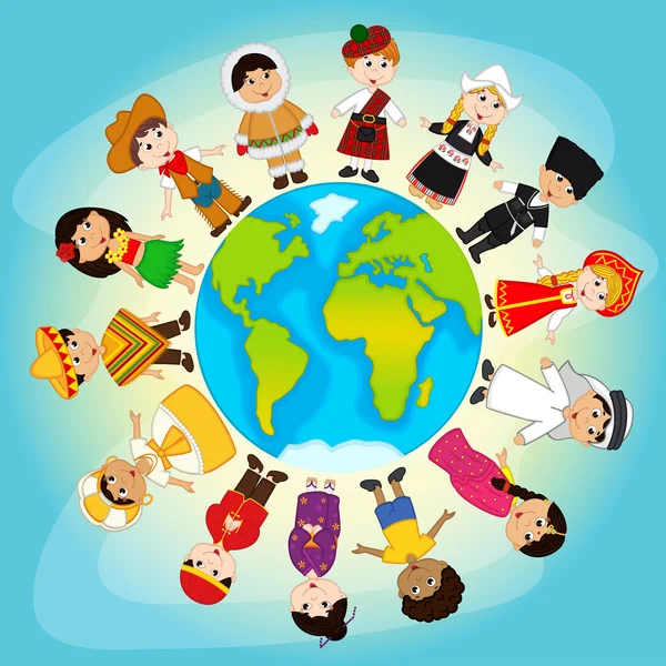 Personas multiculturales en el planeta Tierra — Vector de stock