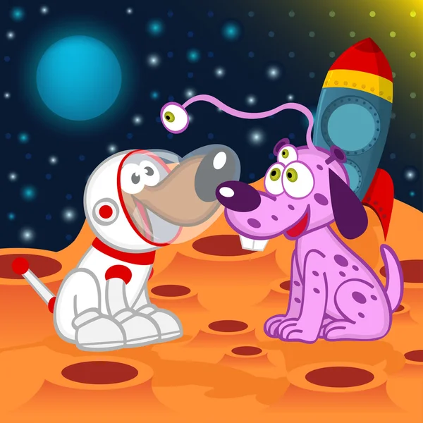 犬宇宙飛行士とエイリアン — ストックベクタ