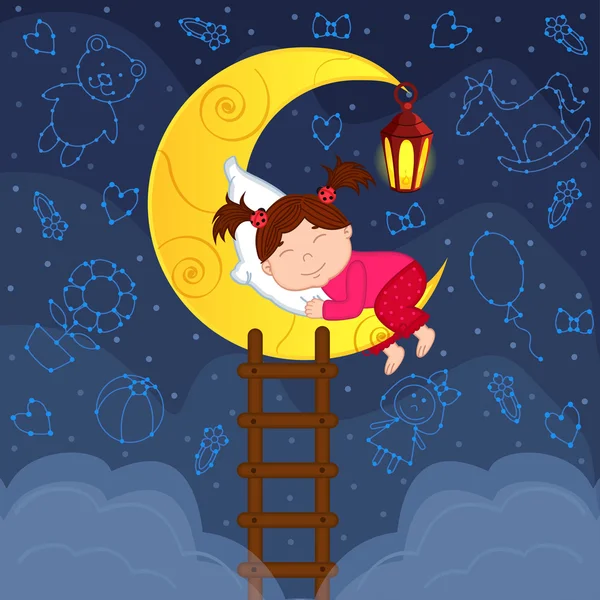 Bambina che dorme sulla luna tra le stelle — Vettoriale Stock