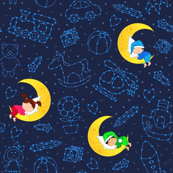 Seamless pattern with children sleeping on moon among stars — Stock Vector