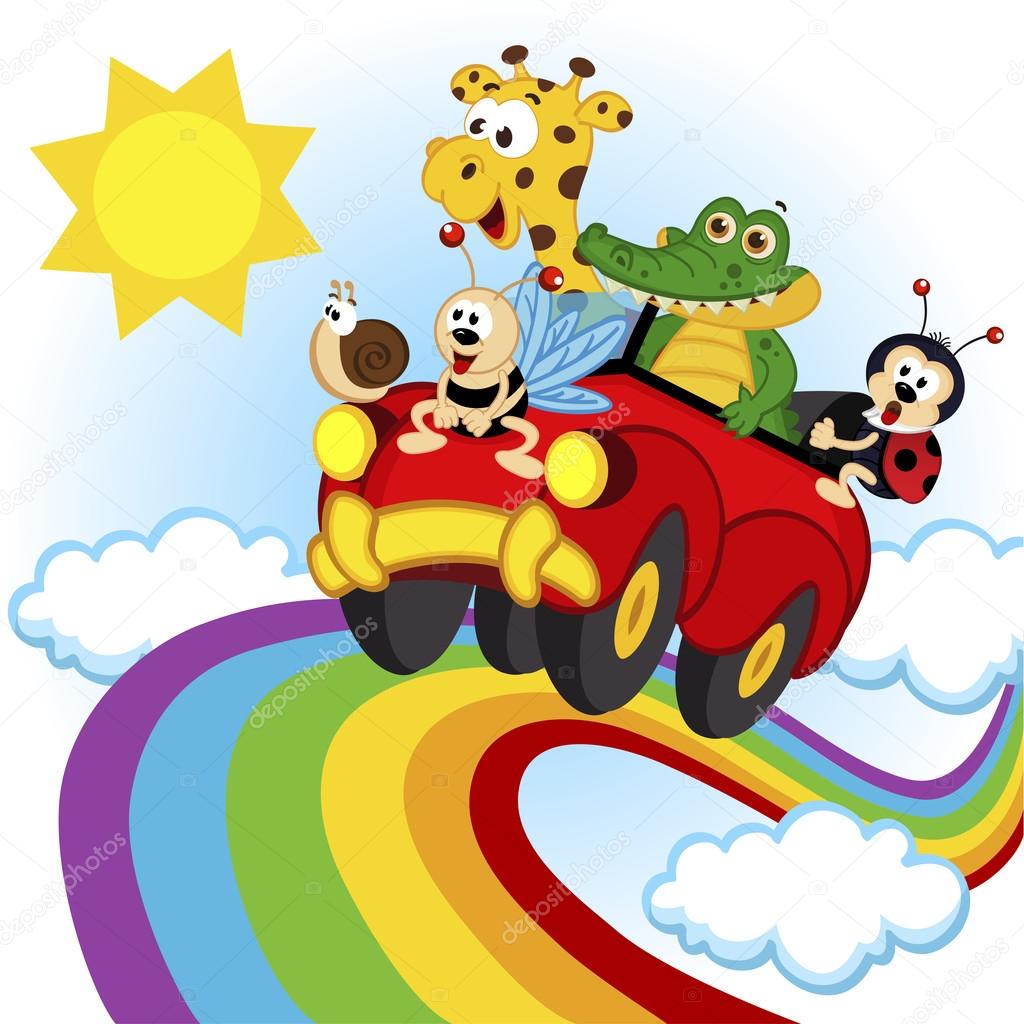 animals traveling by car over the rainbow