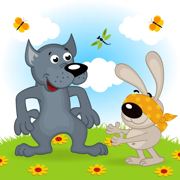 Lobo y liebre jugando al escondite — Vector de stock