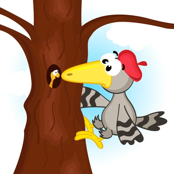 Pájaro carpintero en vector de árbol — Vector de stock